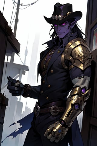  male, (masterpiece),letho_soul3142, purple eyes, dark elf, drow, black hair, gangster, "grey skin", , (gold prosthetic) (one prosthetic arm),  cowboy hat,dressed like a gangster, steampunk, handsome,,  in a dark dirty bar, evil,Argus_ML,jewelry,drow, strong jaw, mean, angry, torn clothes, dirty,male focus, big mechanical shoulder