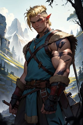 Viking warrior on a mountain, blonde hair blue eyes, male, (masterpiece) , handsome, pointy ears, short hair, undercut, barbarian , cowboy stance, with a sexy lady, gloomy mountain, blue, viking , war torn, scars, no left eye, strong jaw, dark forrest, blind eye