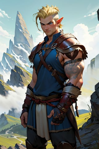 Viking warrior on a mountain, blonde hair blue eyes, male, (masterpiece) , handsome, pointy ears, short hair, undercut, barbarian , cowboy stance, with a sexy lady, gloomy mountain, blue, viking , war torn