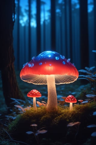 Bioluminescence mushrooms in the forest at night with cute and beautiful fairy with wings made of glass sit on top of it, fantasy world, translucent, transparent, subsurface scattering, Bioluminescence liquid red and blue, bloom, glare, lensflare, cinematic light, vibrant, electric spark, cyborg style,Movie Still, 100mm, bokeh