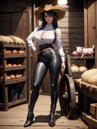 A woman, wearing a white T-shirt, black leather coat with embroidery, long brown leather pants, black leather boots, ((gigantic breasts)), blue hair, messy hair, short hair, straight hair, hair with bangs in front of the eyes, (((cowboy hat)), looking at the viewer, (((pose with interaction and leaning on [something|an object]))), in a barn with bundles of hay,  machinery, horses, pigs, chickens, is at night, ((full body):1.5), 16k, UHD, best possible quality, ultra detailed, best possible resolution, Unreal Engine 5, professional photography, well-detailed fingers, well-detailed hand, perfect_hands, ((farm animals)),JaspionQuiron character


Undressed, front view, with large and voluptuous breasts, sexy and provocative ass