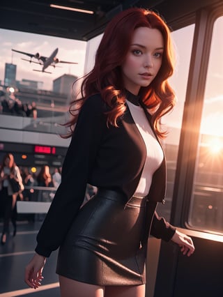 masterpiece, close up portrait,  woman redhead ,   dynamic walk, move,   plane visible through windows,   trending on cg society, digital art, a hyperrealistic girl, perfect slim body,  hyperrealistic schoolgirl, dressed like bitch , realistic student, still from a live action movie, warm cinematic, sun rays, ray tracing, perfect perspective, promotional still,  airport interior background,warm cinematic, sunset god rays

