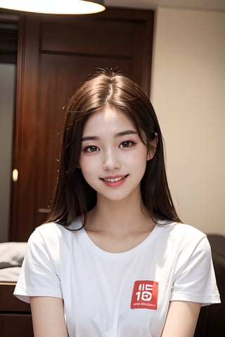 (Masterpiece:1.2, high quality, photorealistic:1.2), (cinematic lighting), 1 girl,upperbody,	best quality, bedroom, dimples, brown hair, long hair, dumpling hair, laughing and chatting, pure skin ,white t-shirt with a simple logo, 18year old korean girl, good hands,  look at viewer