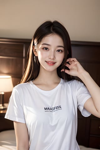 (Masterpiece:1.2, high quality, photorealistic:1.2), (cinematic lighting), 1 girl,upperbody,	best quality, bedroom, dimples, brown hair, long hair, dumpling hair, laughing and chatting, pure skin ,white t-shirt with a simple logo, 18year old korean girl, good hands,  look at viewer