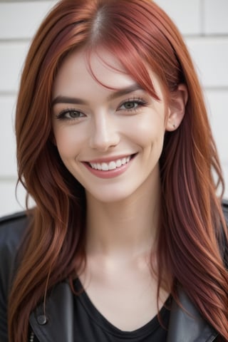 transgender_female, smiling, perfect teeth, red hair