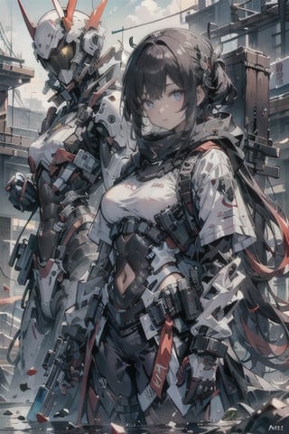 masterpiece, best quality, ultra detailed, high resolution, Upper Body, Partners, Two Girls, Mecha Girl, Mecha, Urban Techwear, Large Weapon, Dark, Dark Clouds, City, Construction Site,