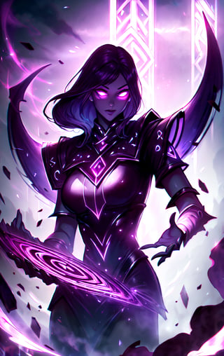 (High Quality, Highly Detailed, High resolution), female Sorcerer, dark magician girl, casting spell, gorgeous Woman, Urban Techwear, Demonictech, GlowingRunes_Purple, RUNE_MAGIC, magic, aura, glowing, Violet (dark violet theme:1.2),