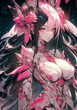 Mecha Lamia. Pink eyes. Long straight black hair that reaches the floor. Highly Detailed. Full Breasts.