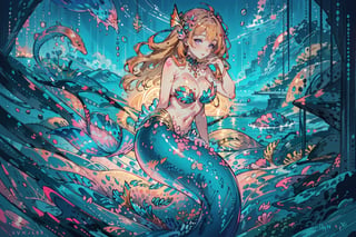 (ultra detailed, high resolution, occlusion, detailed textures), female, sole female, ((mermaid)), line manga art style, line art, voluminous colors, bright colors, orange hair, wavy hair, long hair, swirly eyes, pink eyes, bright eyes, thick body, wide hips, natural breasts, massive breasts, freckles, intensely freckled chest, fish scales, mermaid with pink scales, pink scales, red fins, red fish fins, blush, air kiss, blow kiss, swirly, (erotic, erotic posture), (ocean kingdom in background), fantastical, pink atmosphere, lovey dovey, romantic mood,