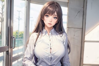 Anime style, female student, beautiful, long straight brown hair, bangs, big breasts, long-sleeved white shirt, gray-blue pleated skirt, white background,high_school_girl,midjourney,sagging breasts,Milf,sasha,purple hair,long hair