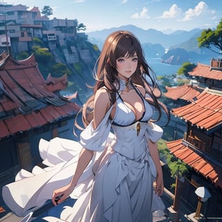  Anime girl with flowing hair standing on top of a building, concept art by Victor Wang, art station contest winner, fantasy art, cg station trend, art station by guweiz on pixiv, beautiful and charming anime woman, big breasts, cleavage, mature and sexy , brown hair, white dress, 2. 5d cgi anime fantasy artwork, very detailed art sprout, ross tran 8k, guweiz on pixiv art site,