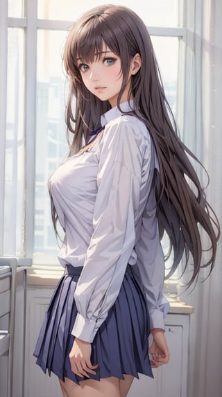 Anime style, female student, beautiful, long straight brown hair, bangs, big breasts, long-sleeved white shirt, gray-blue pleated skirt, school background,high_school_girl,midjourney,sagging breasts