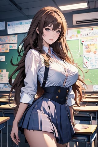 Anime schoolgirl posing with huge breasts, Victor Wang's concept art, art site contest winner, fantasy art, cg site trend, guweiz's art site on pixiv, beautiful and charming anime woman, slightly voluptuous figure, big breasts, brown hair, (Student Uniform 1.5), 2.5D cgi anime fantasy artwork, very detailed art sprout, ross tran 8k, guweiz on pixiv art site, classroom background, outline
