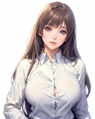 Anime style, female student, beautiful, long straight brown hair, bangs, big breasts, long-sleeved white shirt, gray-blue pleated skirt, white background,high_school_girl,midjourney,sagging breasts,Milf,sasha,purple hair,long hair