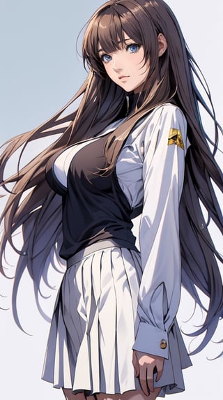 Anime style, female student, beautiful, long straight brown hair, bangs, big breasts, long-sleeved white shirt, gray-blue pleated skirt, white background