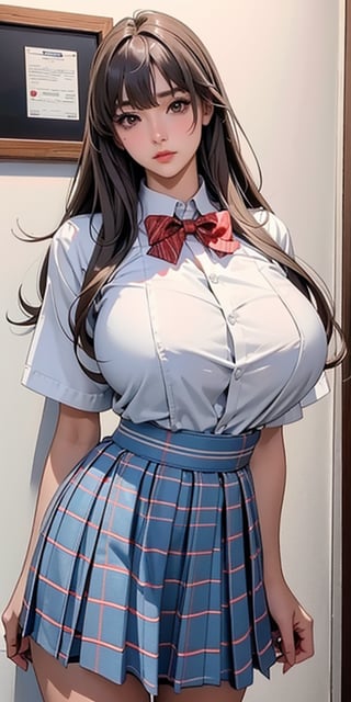 ealistic image of elegant lady, Korean beauty, supermodel, straight brown hair, (bangs 1.3), beautiful eyes, radiant, ice theme, custom design, 1girl, Venus figure with big breasts, red bow tie, white shirt, short sleeves, gray-blue plaid skirt, standing, school,sasha