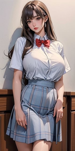 ealistic image of elegant lady, Korean beauty, supermodel, straight brown hair, (bangs 1.3), beautiful eyes, radiant, ice theme, custom design, 1girl, Venus figure with big breasts, red bow tie, white shirt, short sleeves, gray-blue plaid skirt, standing, school,sasha