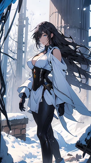 Ice Queen walking on the snow, long black hair, masterpiece, super detailed image, perfect image unfolded in 8k resolution, professional, HDR, high resolution, optimal lighting, extremely detailed, ray tracing, realistic light effects, neon Iris black illustration, top view, (depth of field), ruins, snow, beautiful and elegant ice queen, (big breasts 1.2), r1ge, high detail, silhouette,sasha,outline,niji