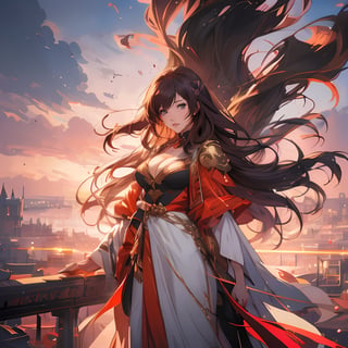 Anime girl with flowing hair standing on top of a building, concept art by Victor Wang, art station contest winner, fantasy art, cg station trend, art station by guweiz on pixiv, beautiful and charming anime woman, big breasts, cleavage, mature and sexy , brown hair, white dress, 2. 5d cgi anime fantasy artwork, very detailed art sprout, ross tran 8k, guweiz on pixiv art site,
