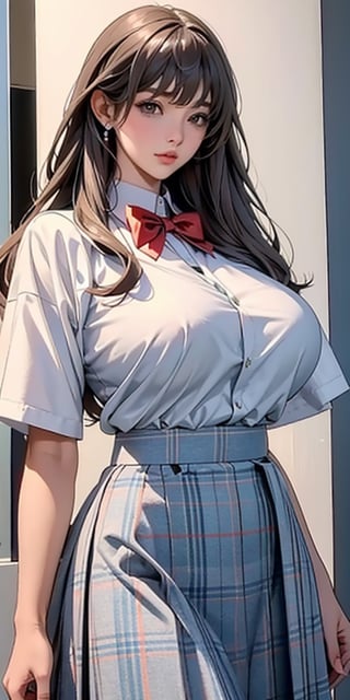 ealistic image of elegant lady, Korean beauty, supermodel, straight brown hair, (bangs 1.3), beautiful eyes, radiant, ice theme, custom design, 1girl, Venus figure with big breasts, red bow tie, white shirt, short sleeves, gray-blue plaid skirt, standing, school,sasha