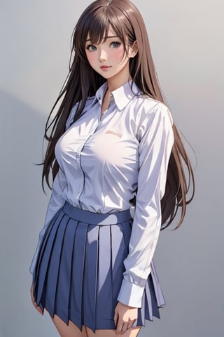 Anime style, female student, beautiful, long straight brown hair, bangs, big breasts, long-sleeved white shirt, gray-blue pleated skirt, white background,high_school_girl,midjourney,sagging breasts,Milf