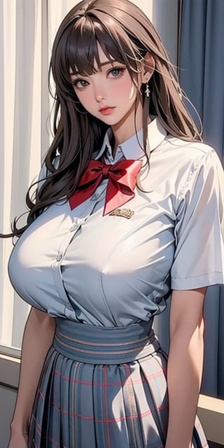 ealistic image of elegant lady, Korean beauty, supermodel, straight brown hair, (bangs 1.3), beautiful eyes, radiant, ice theme, custom design, 1girl, Venus figure with big breasts, red bow tie, white shirt, short sleeves, gray-blue plaid skirt, standing, school,sasha