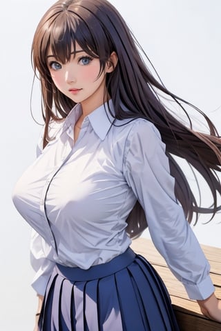 Anime style, female student, beautiful, long straight brown hair, bangs, big breasts, long-sleeved white shirt, gray-blue pleated skirt, white background,high_school_girl,midjourney,sagging breasts,Milf