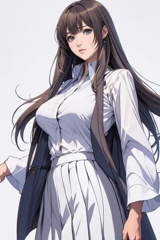 Anime style, female student, beautiful, long straight brown hair, bangs, big breasts, long-sleeved white shirt, gray-blue pleated skirt, white background