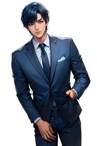 1 handsome guy, solo, (short black and blue hair), (bangs), (hair style a bit messy), big eyes,  (dark blue suit and tie), (wearing a white shirt), White background, outline
,High detailed 