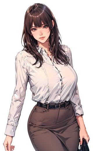  1 anime girl, (big breasts 1.5), (long brown hair, bangs: 1.2), slightly plump figure, wearing a white shirt, gray and black skirt, sexy OL, handbag, white background