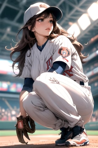 A woman wearing a baseball uniform stands on a baseball field, extremely detailed artgerm, style artgerm, beautiful anime girl squatting, seductive anime girl, range Murata and artgerm, 4k manga wallpaper, artgerm style, artgerm style, trend artgerm, ig model | artgerm, clean and detailed anime art, intricate details, cinematic light, 1girl, detailed face, beautiful and detailed eyes, big breasts, dynamic angles, exquisite and beautiful hair, extremely delicate and beautiful fabrics, perfect face, perfect eyes, perfect lips, (baseball uniform), (baseball cap), (cowboy shooting), zettai Ryouiki (baseball field in the background)
