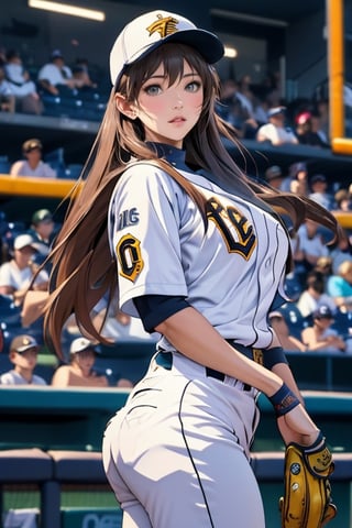 Anime baseball player in uniform throwing a ball, Highly detailed official artwork, Detailed digital anime art, Scope Murata and Artgerm, [4k Digital Art]!!, Clean detailed anime art, Artgerm and Atey Ghailan, Marin Kitakawa Fan art, best anime 4k konachan wallpapers, cinematic lighting, filters, 1girl, detailed face, beautiful detailed eyes, (big breasts 1.2), big ass, dynamic angles, fine and beautiful hair, extremely fine and beautiful cloth , perfect face, perfect eyes, perfect lips, (baseball uniform), (baseball cap), (cowboy shooting), zettai Ryouiki (baseball field), high-detailed, midway, high-detailed, (bouncing breasts 1.3) ,outline