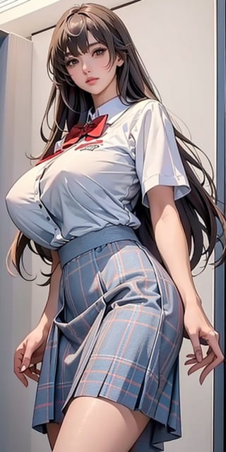 ealistic image of elegant lady, Korean beauty, supermodel, straight brown hair, (bangs 1.3), beautiful eyes, radiant, ice theme, custom design, 1girl, Venus figure with big breasts, red bow tie, white shirt, short sleeves, gray-blue plaid skirt, standing, school,sasha