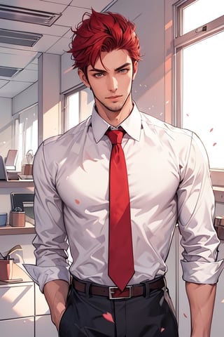 1 Handsome guy, red hair, white shirt, red tie, white background

