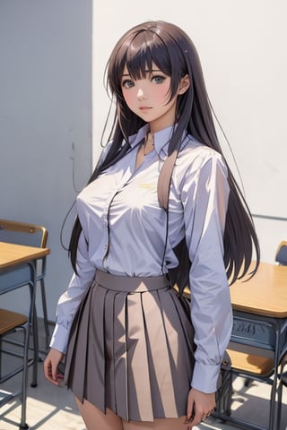 Anime style, female student, beautiful, long straight brown hair, bangs, big breasts, long-sleeved white shirt, gray-blue pleated skirt, white background,high_school_girl,midjourney,sagging breasts