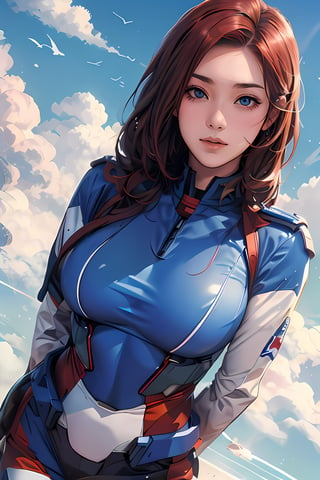 1girl, (big breasts 1.5), red hair, (wearing Gundam Federation Army blue and white tight combat uniform 1.2), sky 1.3, cloud, nayeonlorashy,nayeonlorashy,Gundam girl,niji,sketch,High detailed 