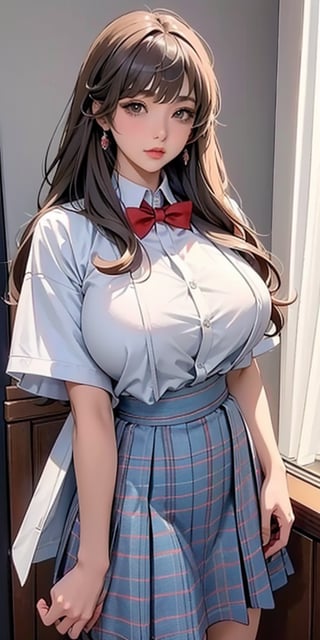 ealistic image of elegant lady, Korean beauty, supermodel, straight brown hair, (bangs 1.3), beautiful eyes, radiant, ice theme, custom design, 1girl, Venus figure with big breasts, red bow tie, white shirt, short sleeves, gray-blue plaid skirt, standing, school,sasha