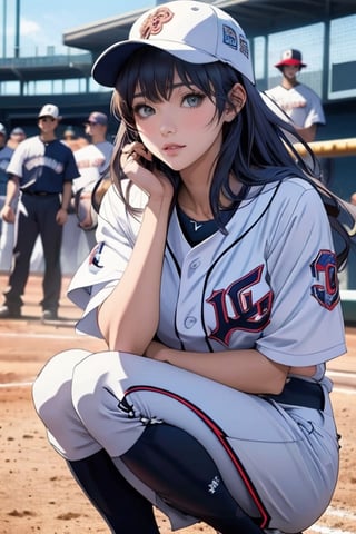 A woman wearing a baseball uniform stands on a baseball field, extremely detailed artgerm, style artgerm, beautiful anime girl squatting, seductive anime girl, range Murata and artgerm, 4k manga wallpaper, artgerm style, artgerm style, trend artgerm, ig model | artgerm, clean and detailed anime art, intricate details, cinematic light, 1girl, detailed face, beautiful and detailed eyes, big breasts, dynamic angles, exquisite and beautiful hair, extremely delicate and beautiful fabrics, perfect face, perfect eyes, perfect lips, (baseball uniform), (baseball cap), (cowboy shooting), zettai Ryouiki (baseball field in the background)
