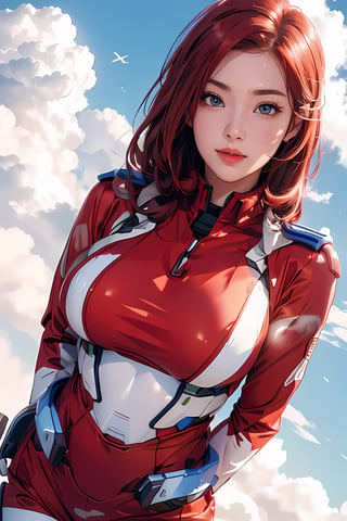 1girl, (big breasts 1.5), red hair, (wearing Gundam Federation Army blue and white tight combat uniform 1.2), sky, clouds, nayeonlorashy,nayeonlorashy