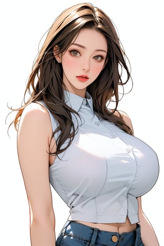 (Extremely realistic MAX, best quality, masterpiece, high resolution, high quality, high details, perfect human anatomy, 16K, very fine details, premium RAW photos, realistic face and body, various colors detailed , film lighting), 1girl, solo, breasts, looking at the viewer, brown hair, simple background, shirt, white background, jeans, sleeveless, midriff, waistband, hair over one eye, lustful, confused look, angelawhite
