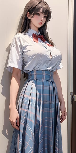 ealistic image of elegant lady, Korean beauty, supermodel, straight brown hair, (bangs 1.3), beautiful eyes, radiant, ice theme, custom design, 1girl, Venus figure with big breasts, red bow tie, white shirt, short sleeves, gray-blue plaid skirt, standing, school,sasha