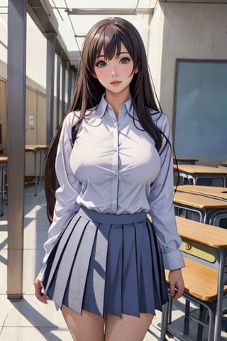 Anime style, female student, beautiful, long straight brown hair, bangs, big breasts, long-sleeved white shirt, gray-blue pleated skirt, white background,high_school_girl,midjourney,sagging breasts,Milf