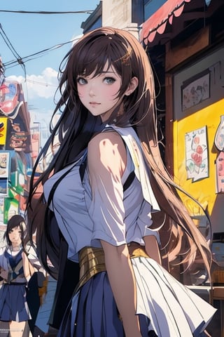 Anime schoolgirl posing with huge breasts, Victor Wang's concept art, art site contest winner, fantasy art, cg site trend, guweiz's art site on pixiv, beautiful and charming anime woman, slightly voluptuous figure, big breasts, brown hair, (Student Uniform 1.5), 2.5D cgi anime fantasy artwork, very detailed art sprout, ross tran 8k, guweiz on pixiv art site, classroom background, outline
