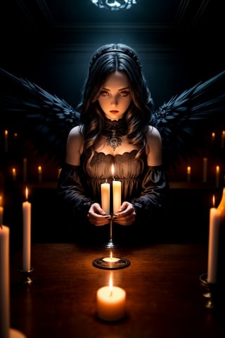 Full body of a Fallen dark gothic female angel. In a gothic club, cute face, surrounded by candles. NFT with a highly detailed, stylized rendering and a unique composition. Jason Ebeyer and Damien Hirst style. Low camera position, low pov.,Detailedface,perfecteyes