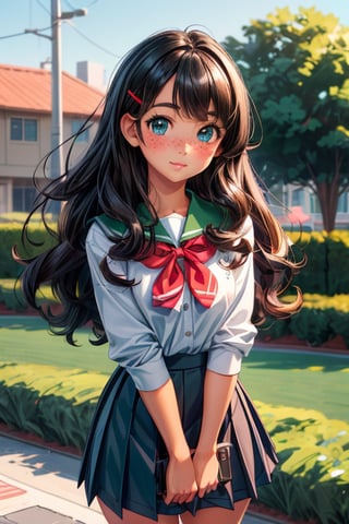 (best quality, masterpiece, ultra quality), cute girl, shiny silky black curly hair, deep tanned skin, slight bangs, big_thighs, UHD quality, red school skirt, stormy blue green eyes, school_uniform, white, hairclips, cute, hot, standing, blue green eyes, american, babyface, realistic, ,inboxDollPlaySetQuiron style, a little bit of freckles, preppy style, brown eyes, (detailed brown eyes), green highlights on hair, school background