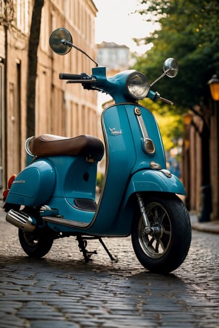 vintage scooters, classic design, blue scooter focus, shallow depth field, analog photography, warm color palette, daytime outdoor lighting, cobblestone ground, retro aesthetic