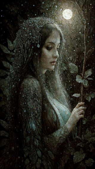 lavish detailed painting  by stanislaw_k  of a womn in the forest at moonlight , pastel, glitters , glimmers, insanely detailed textures , stanislaw_k illustration ,occult ,pagan art , fine art ,