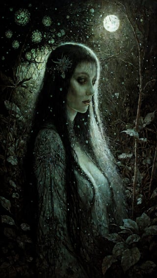 morbid specified painting  by stanislaw_k  of a womn in the forest at moonlight , pastel, glitters , glimmers, insanely detailed textures , stanislaw_k illustration ,occult ,pagan art , fine art ,