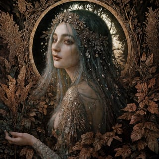 elaborate detailed painting  by stanislaw_k  of a pagan woman , the forest at sunset ,wondrous environment ,foliage , pastel, glitters , glimmers, insanely detailed textures , stanislaw_k illustration ,adorned pagan art , fine art , middle-eastern figure , gorgeous ,
