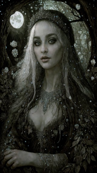 elaborate detailed painting  by stanislaw_k  of a pagan gypsy in the forest at moonlight , pastel, glitters , glimmers, insanely detailed textures , stanislaw_k illustration ,occult ,pagan art , fine art ,